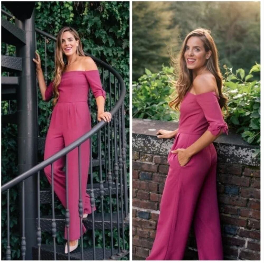 GAL MEETS GLAM Meredith Crepe Off Shoulder Wide Leg Jumpsuit Pink Sz 2 $219 {Y6}
